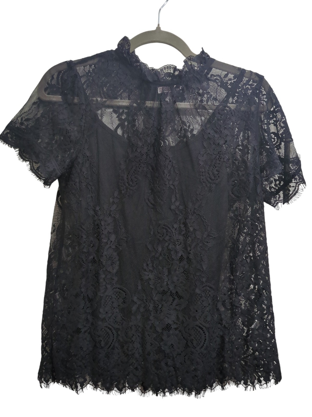 Chelsea28 Black Lace Blouse Small Mock Neck Sheer Eyelash Top w Cami Regency